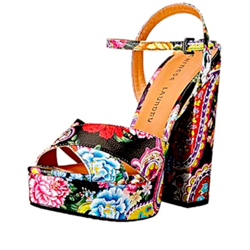 Chinese laundry Aquarius black paisley platform block heel ankle strap sandals